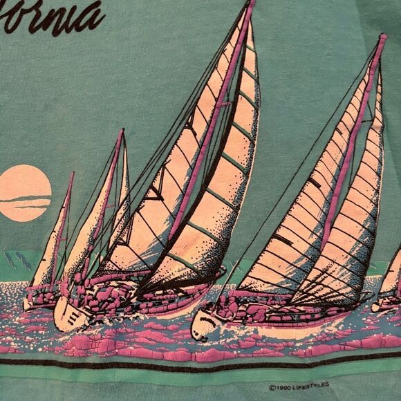 Vintage 1990 California tank top turquoise with sail boats - Picture 4 of 8